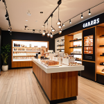 **

"Bright, inviting retail space with strategically placed LED lighting highlighting products. Customers enjoying a comfortable, well-designed environment. Warm color palette with eco-friendly materials evident in the decor."

**