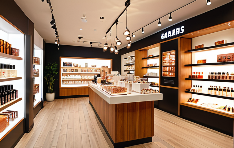 **
"Bright, inviting retail space with strategically placed LED lighting highlighting products. Customers enjoying a comfortable, well-designed environment. Warm color palette with eco-friendly materials evident in the decor."
**