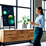 A professional female designer in a modest, contemporary business casual outfit, stands confidently in a bright, modern design studio. The studio features sleek, eco-friendly furniture made from reclaimed wood and recycled materials, with large windows showcasing lush greenery outside. On a large holographic display, abstract generative art forms created with AI assistance blend with technical design schematics for sustainable products. She gestures towards the display, discussing ideas with an unseen collaborator. The scene emphasizes innovation and environmental consciousness. perfect anatomy, correct proportions, natural pose, well-formed hands, proper finger count, natural body proportions, safe for work, appropriate content, fully clothed, professional, family-friendly, high quality, professional photography.