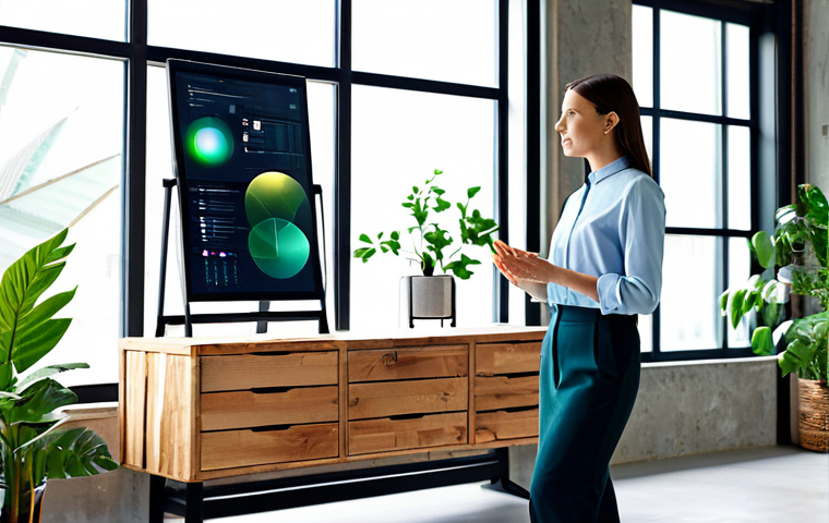 A professional female designer in a modest, contemporary business casual outfit, stands confidently in a bright, modern design studio. The studio features sleek, eco-friendly furniture made from reclaimed wood and recycled materials, with large windows showcasing lush greenery outside. On a large holographic display, abstract generative art forms created with AI assistance blend with technical design schematics for sustainable products. She gestures towards the display, discussing ideas with an unseen collaborator. The scene emphasizes innovation and environmental consciousness. perfect anatomy, correct proportions, natural pose, well-formed hands, proper finger count, natural body proportions, safe for work, appropriate content, fully clothed, professional, family-friendly, high quality, professional photography.