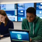 앱 디자인 사용자 테스트 - **Prompt:** A modern, brightly lit user testing lab where a diverse group of teenagers and young adu...