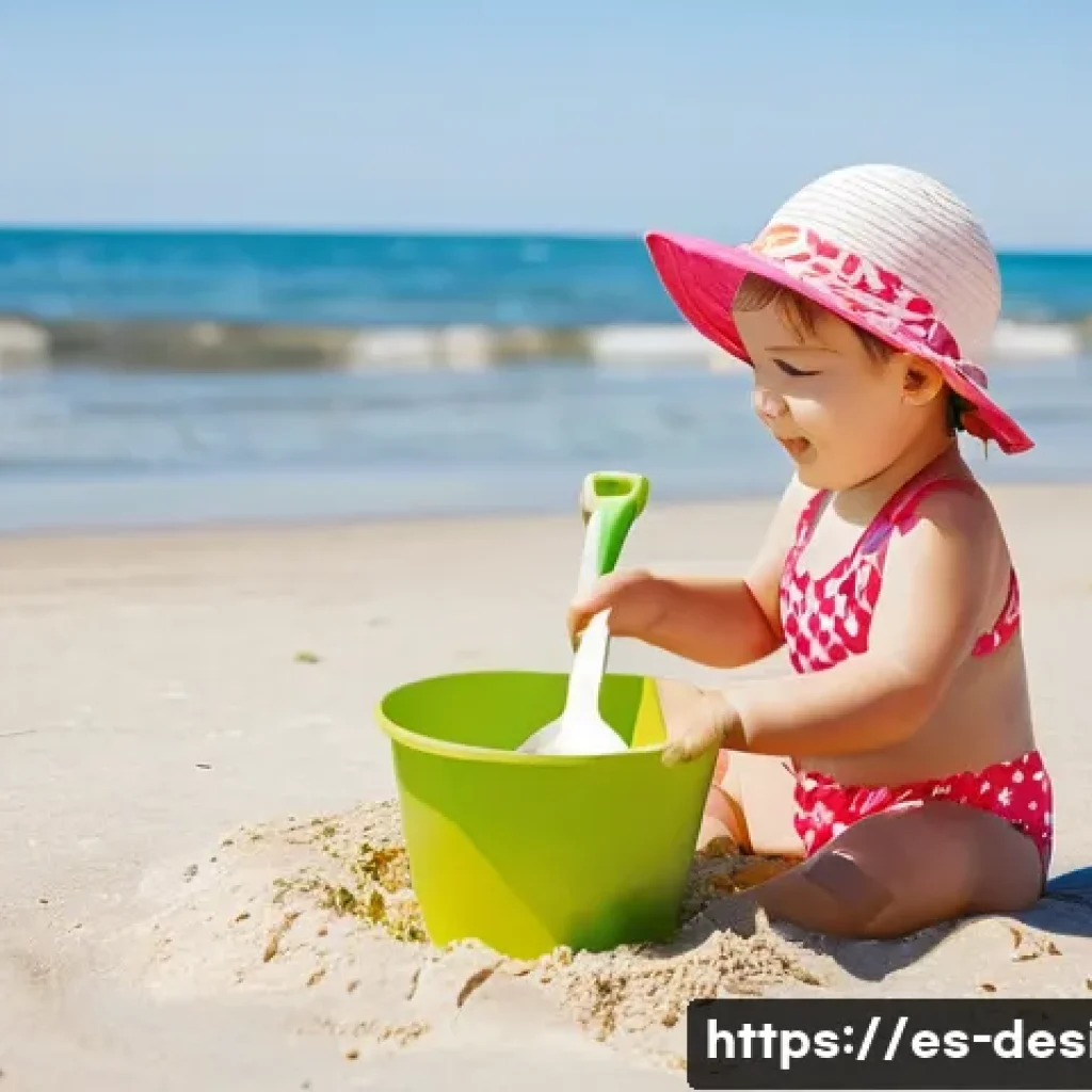 디자인 강의 커리큘럼 - **A toddler (around 2 years old) playing on a sunny beach. She is wearing a cute, brightly colored s...