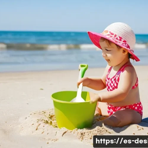 디자인 강의 커리큘럼 - **A toddler (around 2 years old) playing on a sunny beach. She is wearing a cute, brightly colored s...