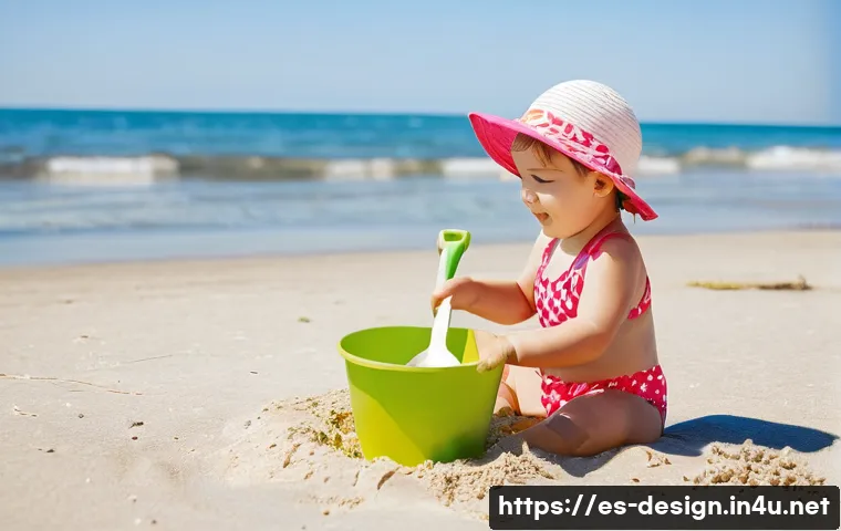 디자인 강의 커리큘럼 - **A toddler (around 2 years old) playing on a sunny beach. She is wearing a cute, brightly colored s...