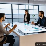 디자인 윤리 및 철학 - A modern digital workspace scene showing a diverse team of designers and developers collaborating ar...