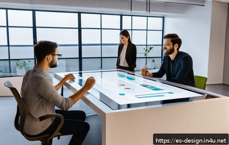디자인 윤리 및 철학 - A modern digital workspace scene showing a diverse team of designers and developers collaborating ar...