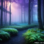 콘셉트 아트 제작 기법 - A mysterious enchanted forest at twilight, featuring soft glowing lights filtering through dense, lu...