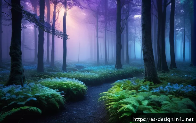 콘셉트 아트 제작 기법 - A mysterious enchanted forest at twilight, featuring soft glowing lights filtering through dense, lu...